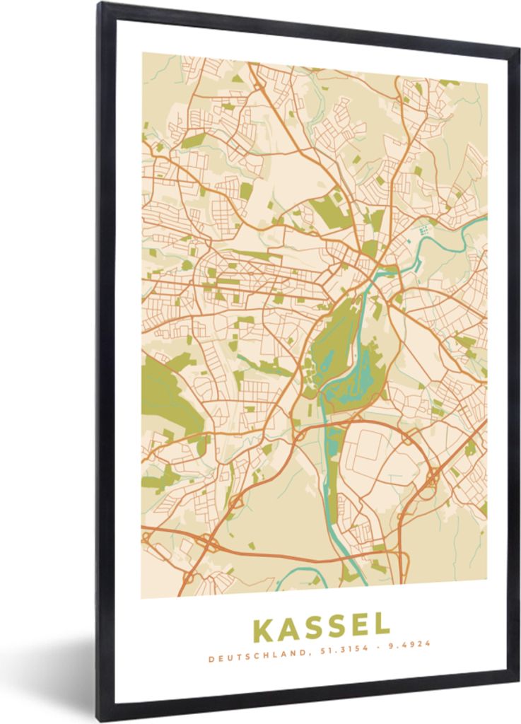 MuchoWow Gerahmtes Poster Stadtplan - Kassel - Vintage - Stadtplan 20x30 cm - Poster mit Schwarzem Bilderrahmen Wandposter Rahmen Foto Bilder - D...