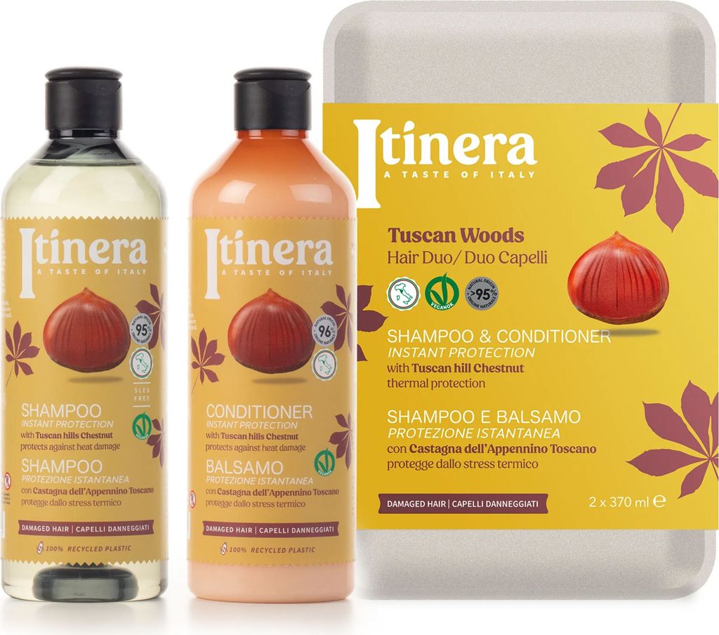 ITINERA Geschenkset: Spülung + Shampoo für strapaziertes Haar mit Kastanien von den Hügeln der Toskana, 2x370ml