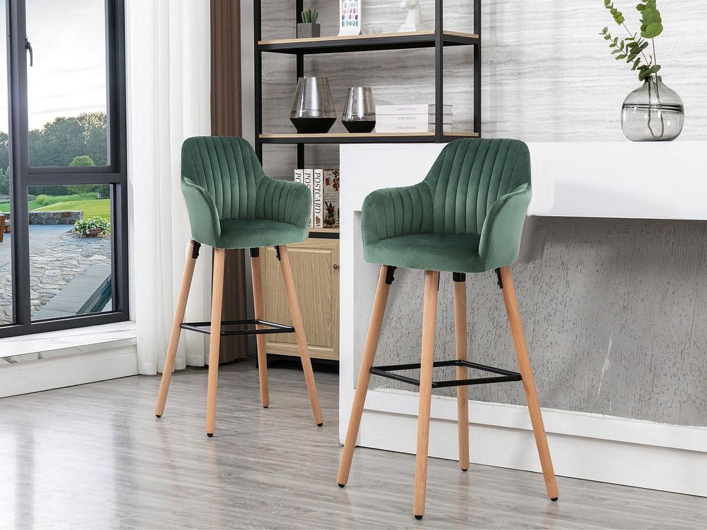 Barhocker ELEANA - Velours und Metall Holzimitation - Farbe dunkelgrün