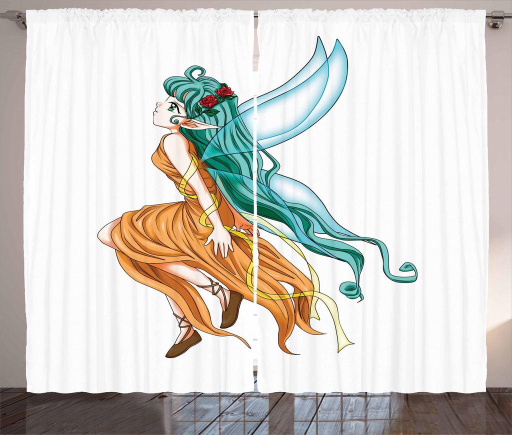 ABAKUHAUS Anime Rustikaler Vorhang, Pixie Girl Elf grünes Haar, Wohnzimmer Universalband Gardinen mit Schlaufen und Haken, 280 x 225 cm, Meeresgr...