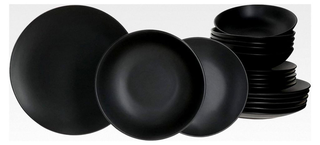 18-teiliges Geschirr-Set Nero für 6 Personen im modernen Ethno-Stil aus Steingut, schwarz matt