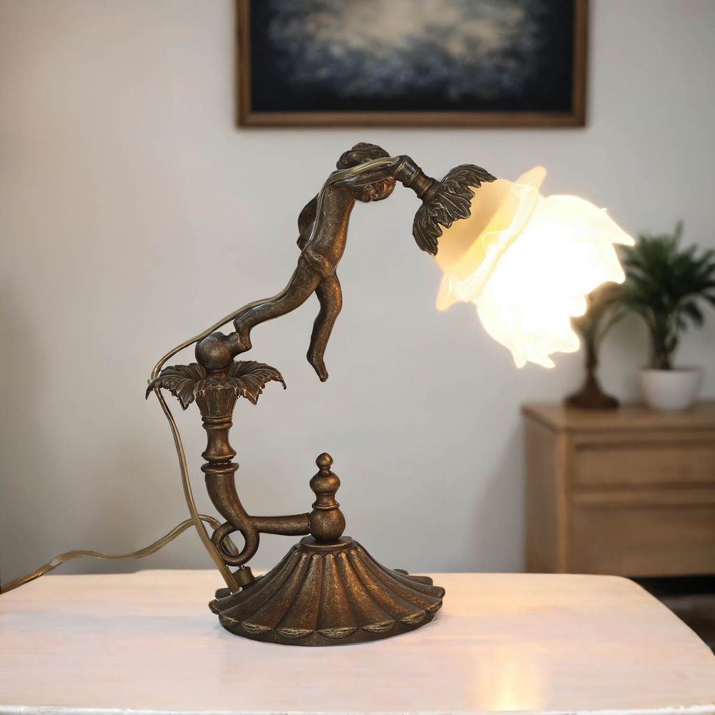 Tischlampe E27 33 cm in Bronze Putten Blütenkelch Schirm Glas Messing massiv Tischleuchte