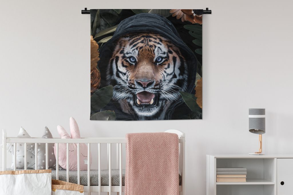 MuchoWow Wandteppich Wandbehang Tiger - Kleidung - Blumen 90x90 cm Tapisserie Dekoration Wandtuch - Wandaufhänger