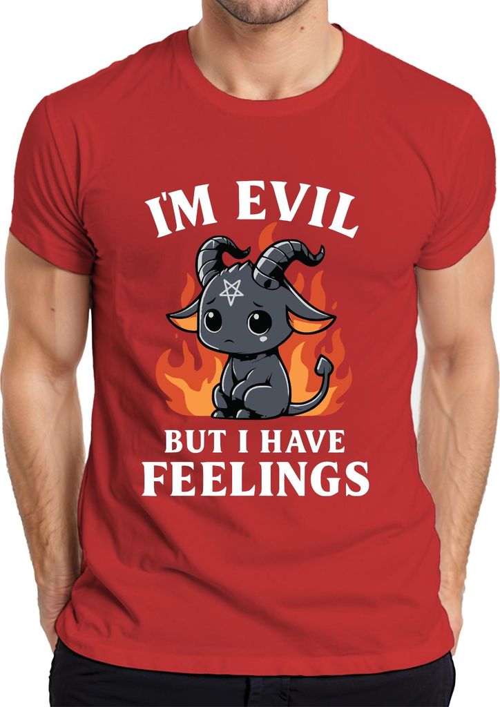 Evil but Feelings Süßer Dämon Baphomet Ziegenbock Gothic Kawaii Herren T-Shirt, Rot, L