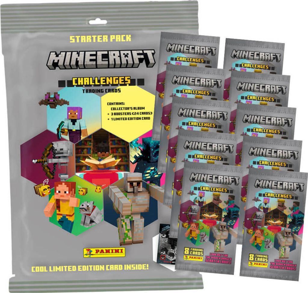 Panini Minecraft 4 Karten - Sammelkarten Challenges Trading Cards (2025) - 1 Starter + 10 Booster