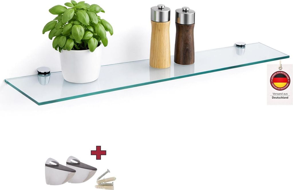 HOOZ Glasregal Wandregal ESG-Sicherheitsglas 6 mm – Schweberegal mit Halterungen, transparente Glasablage für Bad, Küche & Wohnzimmer, 60 x 18 cm