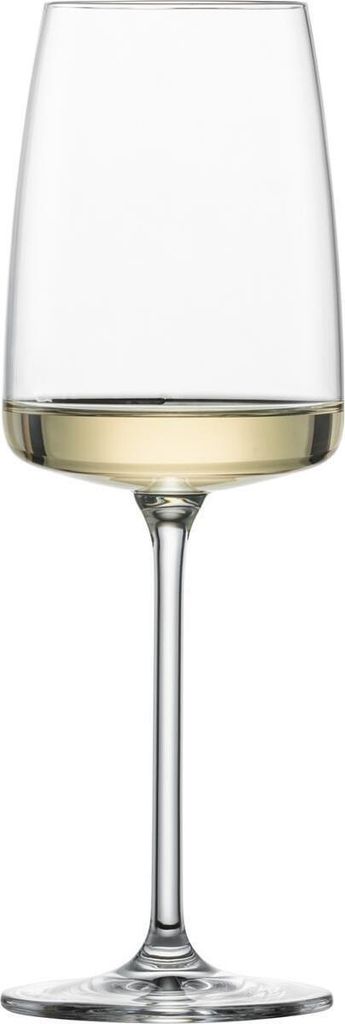 A single clear wine glass filled with white wine, isolated on a white background.