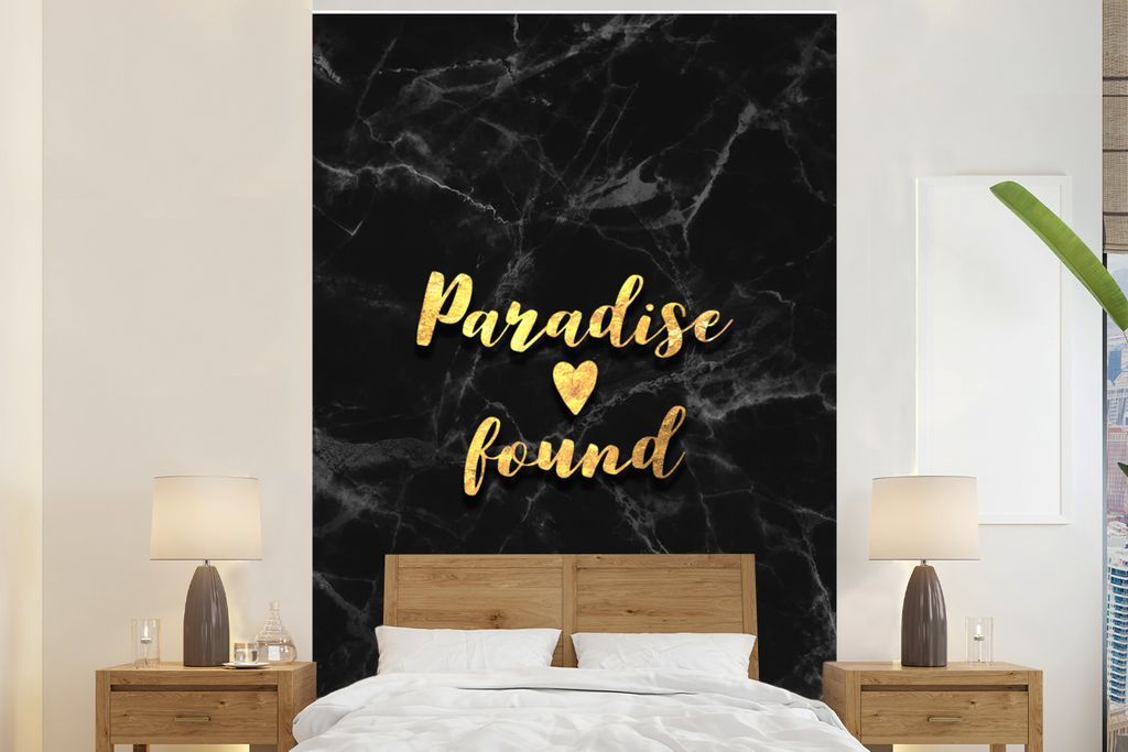 MuchoWow Fototapete für Wohnzimmer oder Schlafzimmer Wandtapete Vinyl Motivtapete Zitat - Herz - Paradies - Gold - 195x300 cm - Das Hintergrundbild