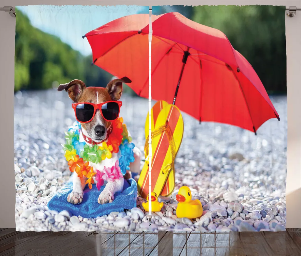 Rideau occultant léger 280x225 cm contre vis-à-vis avec motif chien plage