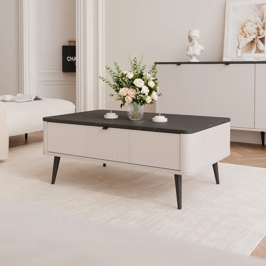 Table de Salon Design avec Rangement Tiroir 100x60 cm Gris et Noir NAVANI
