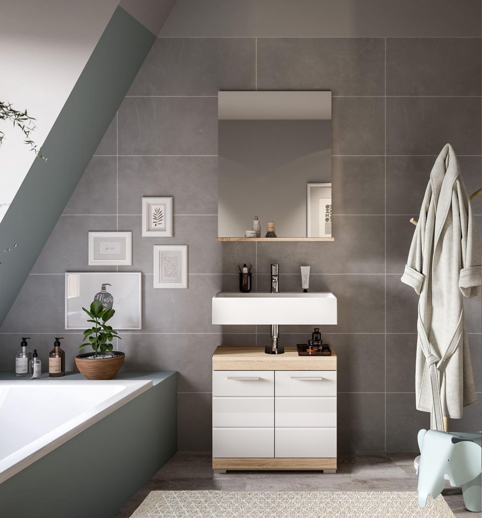 Lambada Badmöbelset L5 Weiß hochglanz, Eiche Nachbildung.