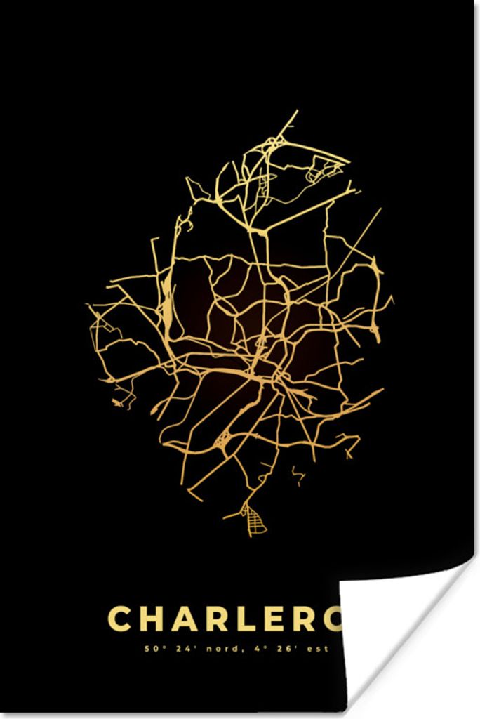MuchoWow Poster Belgien - Stadtplan - Gold - Karte - Charleroi 80x120 cm - Papierdruck