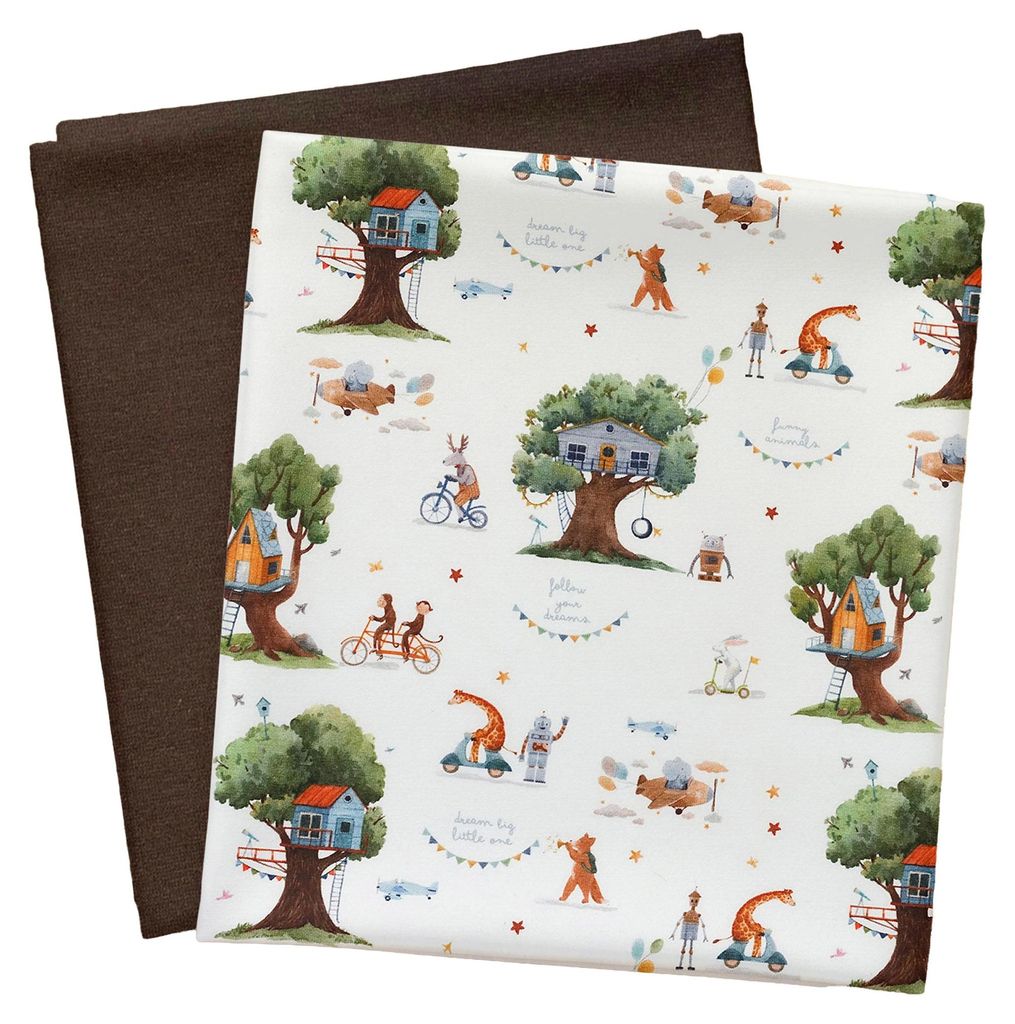 Stoffpaket 0,5 x 1,5 m Motiv-Jersey und 0,5 x 0,7 m Bündchen uni Nähpaket f. Kinderkleidung Baumhaus | rehbraun