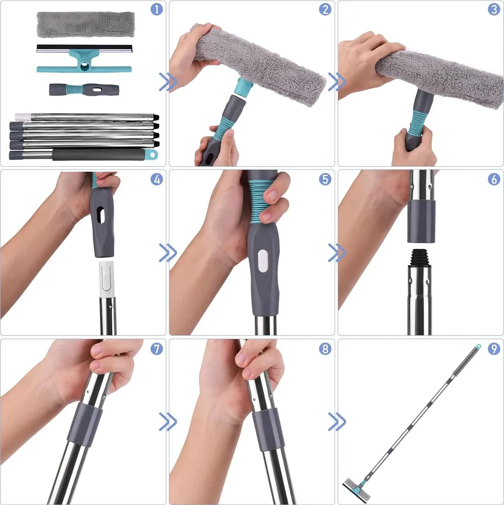 Essuie-vitre télescopique rotatif 2-en-1 avec manche long modulable