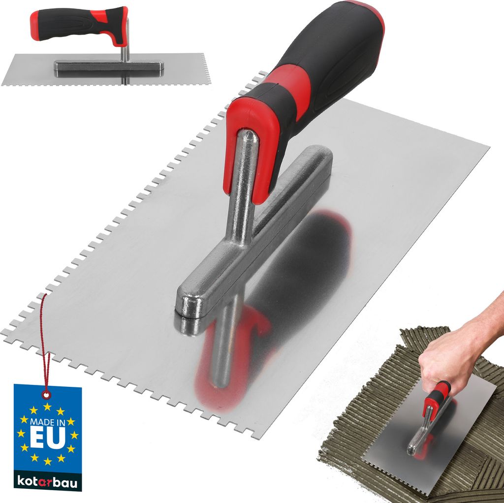 KOTARBAU Edelstahl Glättekelle 270 x 130 mm mit Zahnung 4x4mm zum Verlegen von Fliesen Glättscheibe Edelstahlkelle mit Softgriff