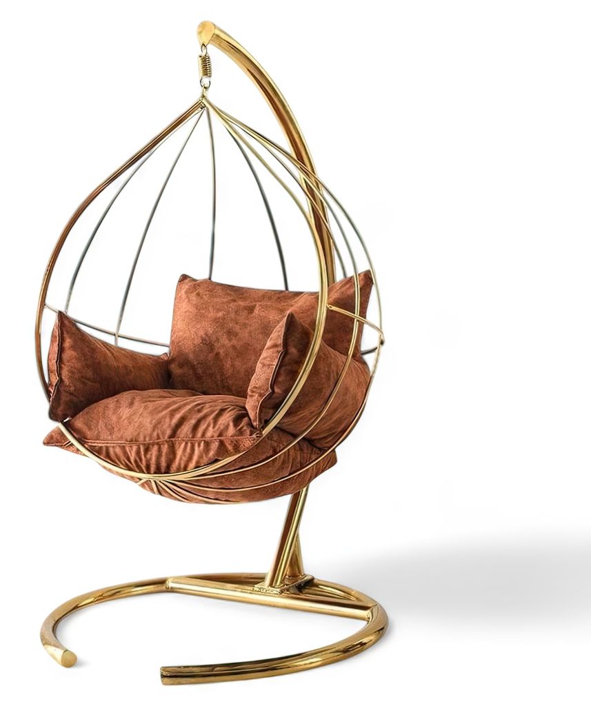 Exklusiver Hängesessel aus Metall in Form eines Käfigs mit weichen Kissen