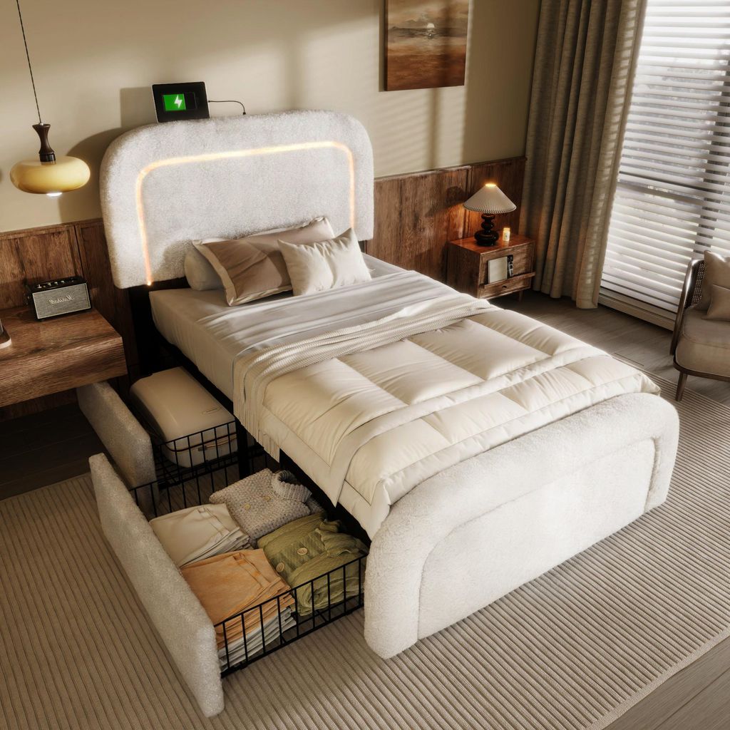 Bettgestell mit USB Typ C Ladefunktion LED-Beleuchtung und 2 Schubladen, Einzelbett Polsterbett 90x200cm, Höhenverstellbarem Kopfteil, Lattenrost ...