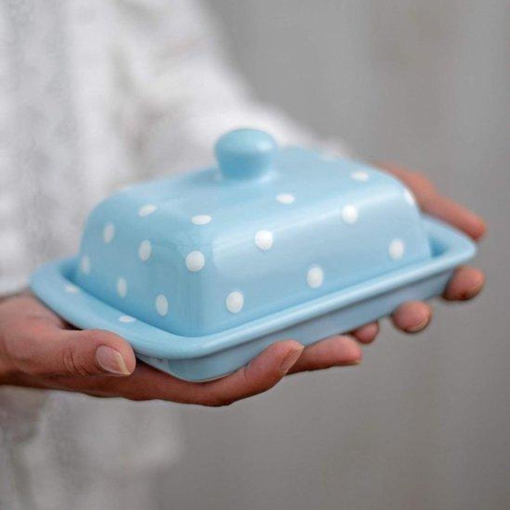 Handgefertigte Keramische Overdekte Keramikschüssel - Himmelblau Weiß Polka Dot Muster