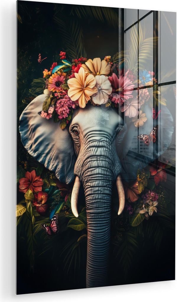 MuchoWow Glasbilder - Bilder auf Wandbild - Foto auf Glas Elefant - Tiere - Blumen - Natur 60x90 cm Wanddekoration aus Glas - Acrylglasbild - Acryl...