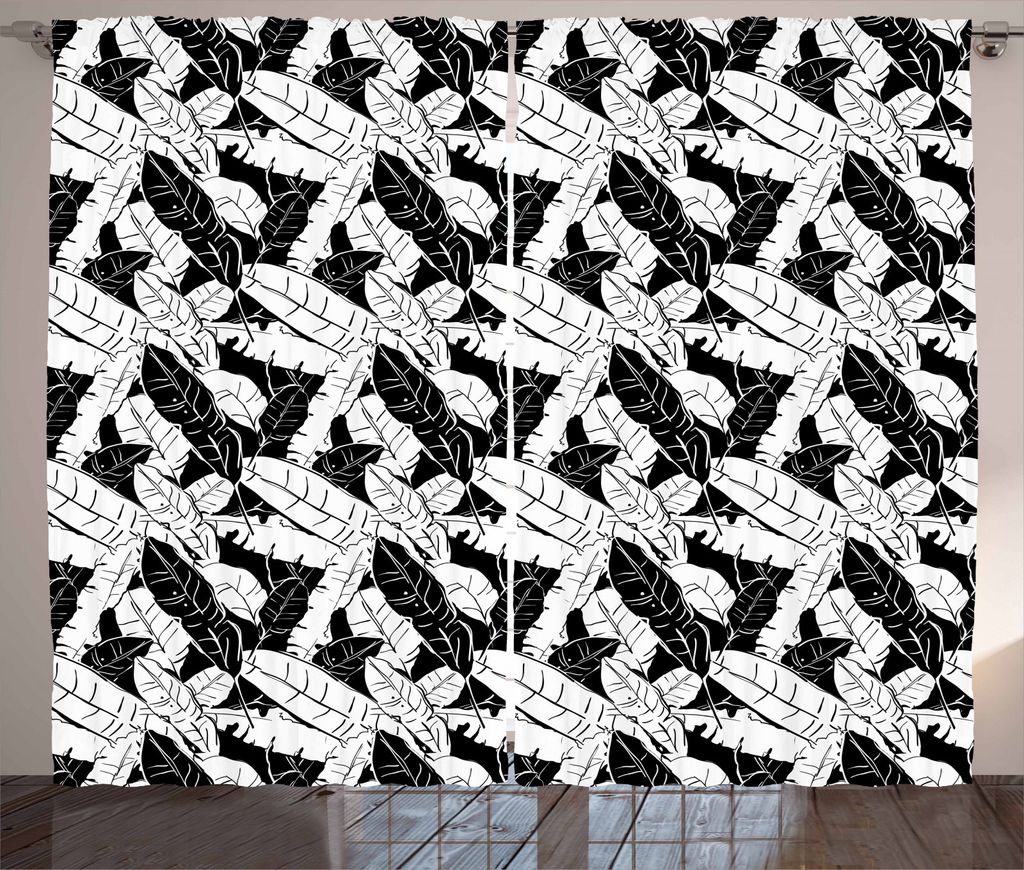 ABAKUHAUS Botanisch Rustikaler Vorhang, Banana Blätter Tropical, Wohnzimmer Universalband Gardinen mit Schlaufen und Haken, 280 x 245 cm, Schwarz ...