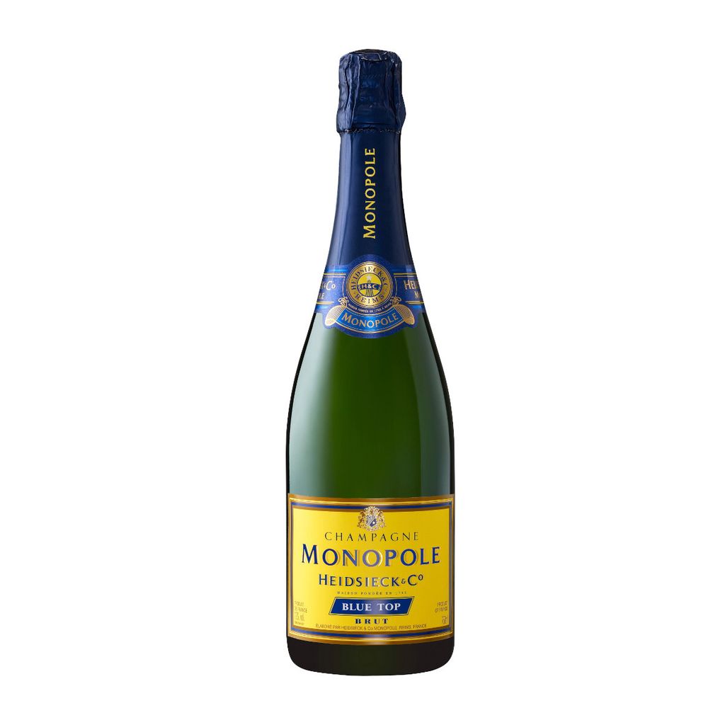 A bottle of Heidsieck & Co. Monopole Blue Top Brut Champagne.
