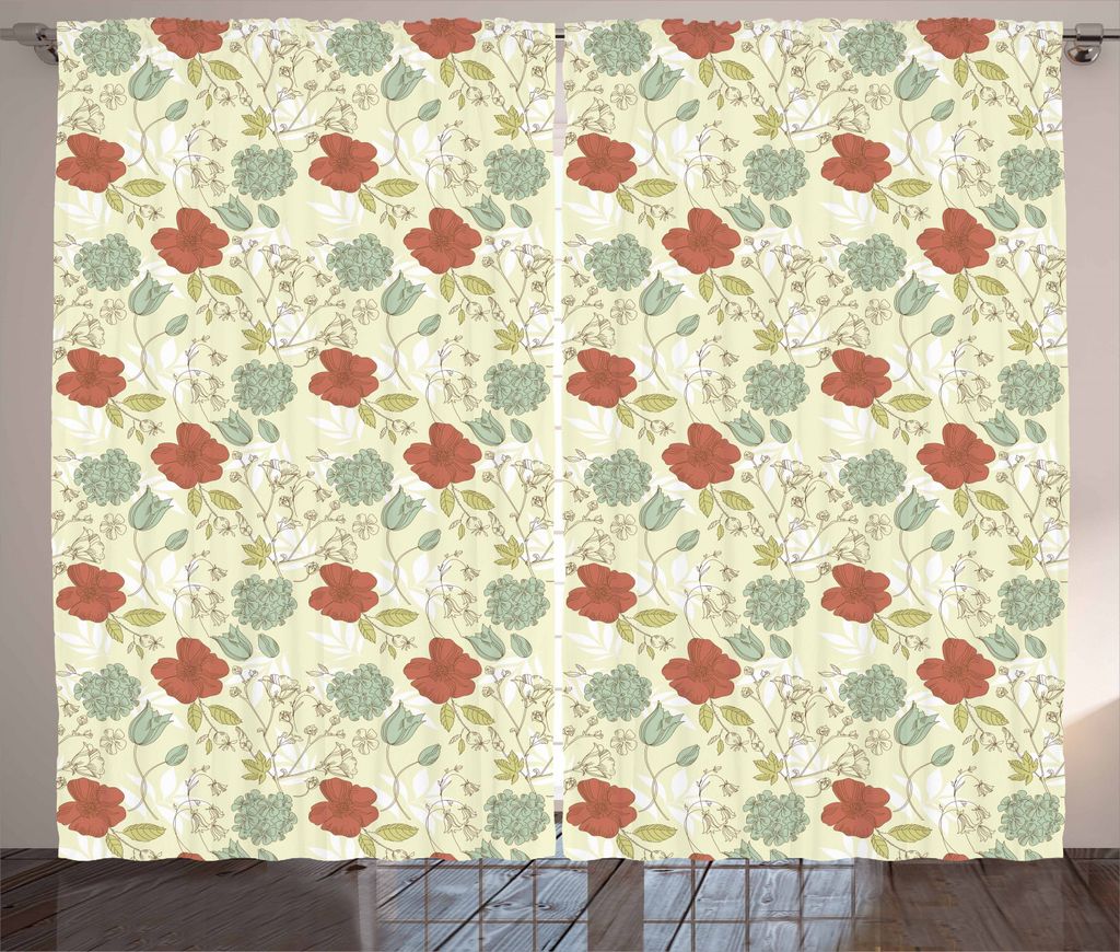 ABAKUHAUS Blume Rustikaler Gardine, Pfingstrosen und Glockenblumen, Schlafzimmer Kräuselband Vorhang mit Schlaufen und Haken, 280 x 245 cm, Mehrfa...