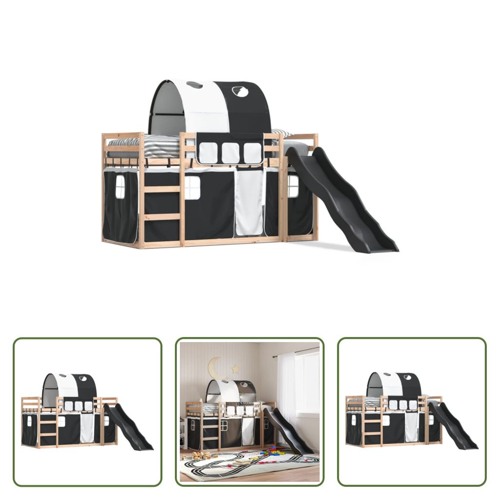 The Living Store Etagenbett mit Rutsche und Gardinen Weiß und Schwarz 80x200 cm