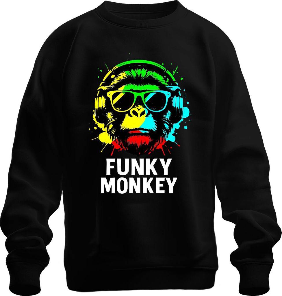 Funky Affe Kopfhörer Sonnenbrille Musik DJ Retro Bunt Streetwear Uni Sweatshirt Pullover, Schwarz, XL