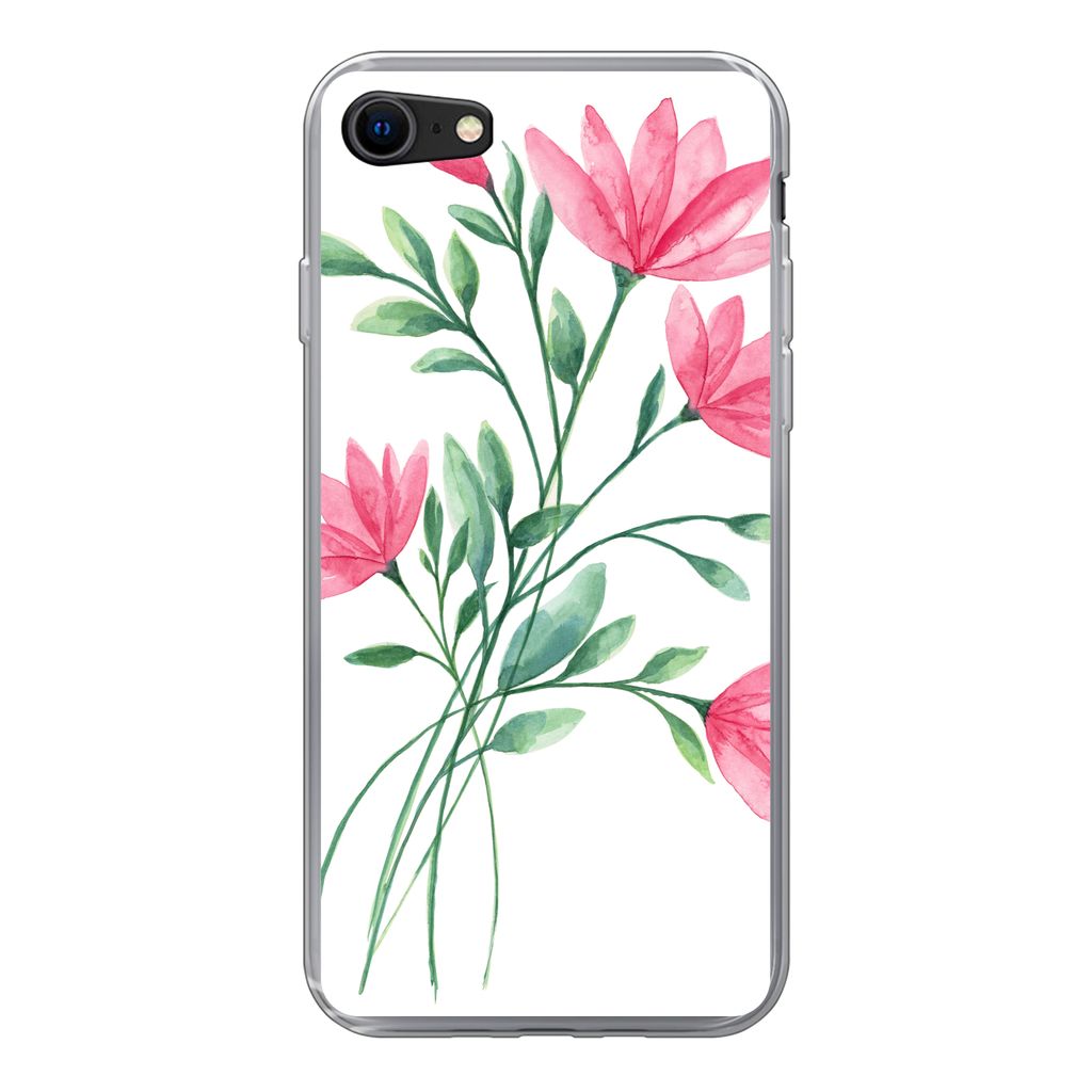 MuchoWow Handyhülle Schutzhülle Hülle für iPhone SE 2022 Blumen - Aquarell - Rosa Silikon Softcase Handy Hülle - Schutzhülle