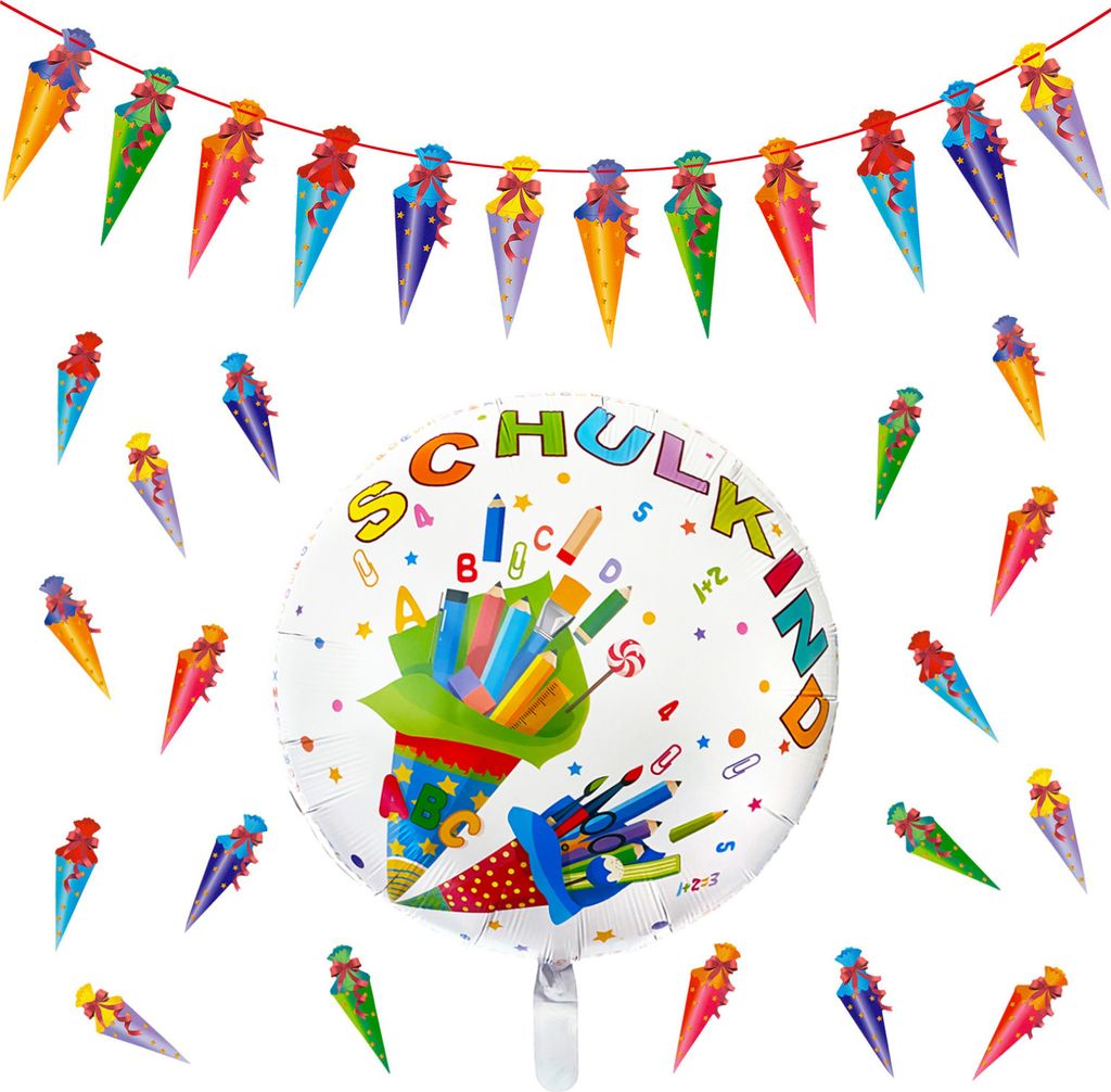Oblique Unique Schuleinführung Schulanfang Einschulung Deko Set - Ballon Schulkind + Zuckertüten Girlande + Konfetti Set