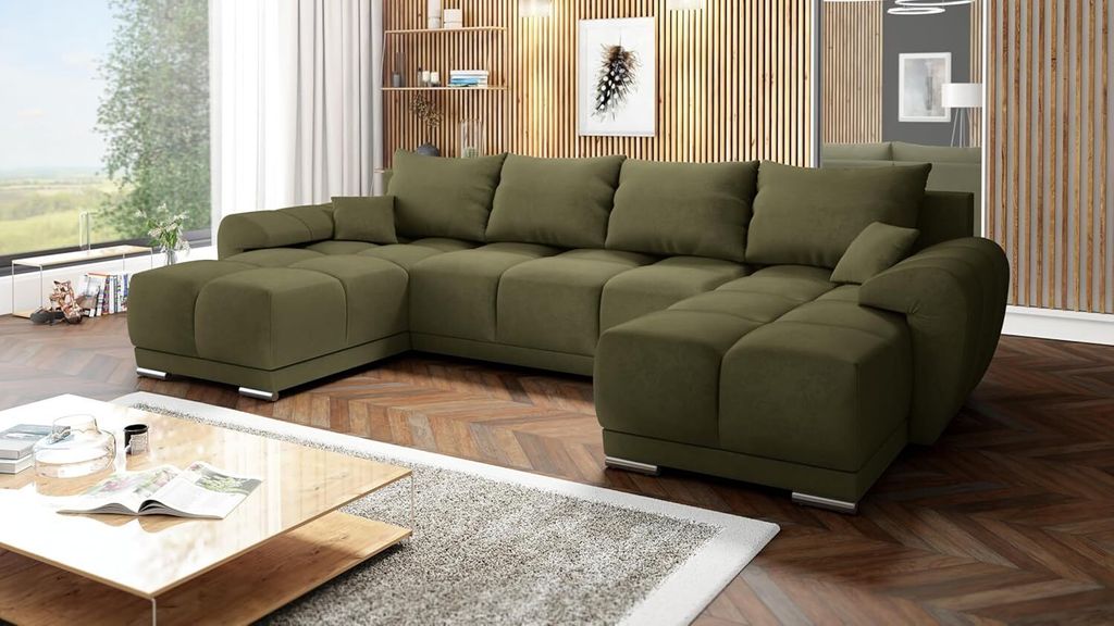 Easy4You Honey U-Form 362 x 85 x 183 cm mit Schlaffunktion und Stauraum - Schlafsofa mit Bettkasten und Kissen - Moderne Wohnzimmermöbel – Stoff...