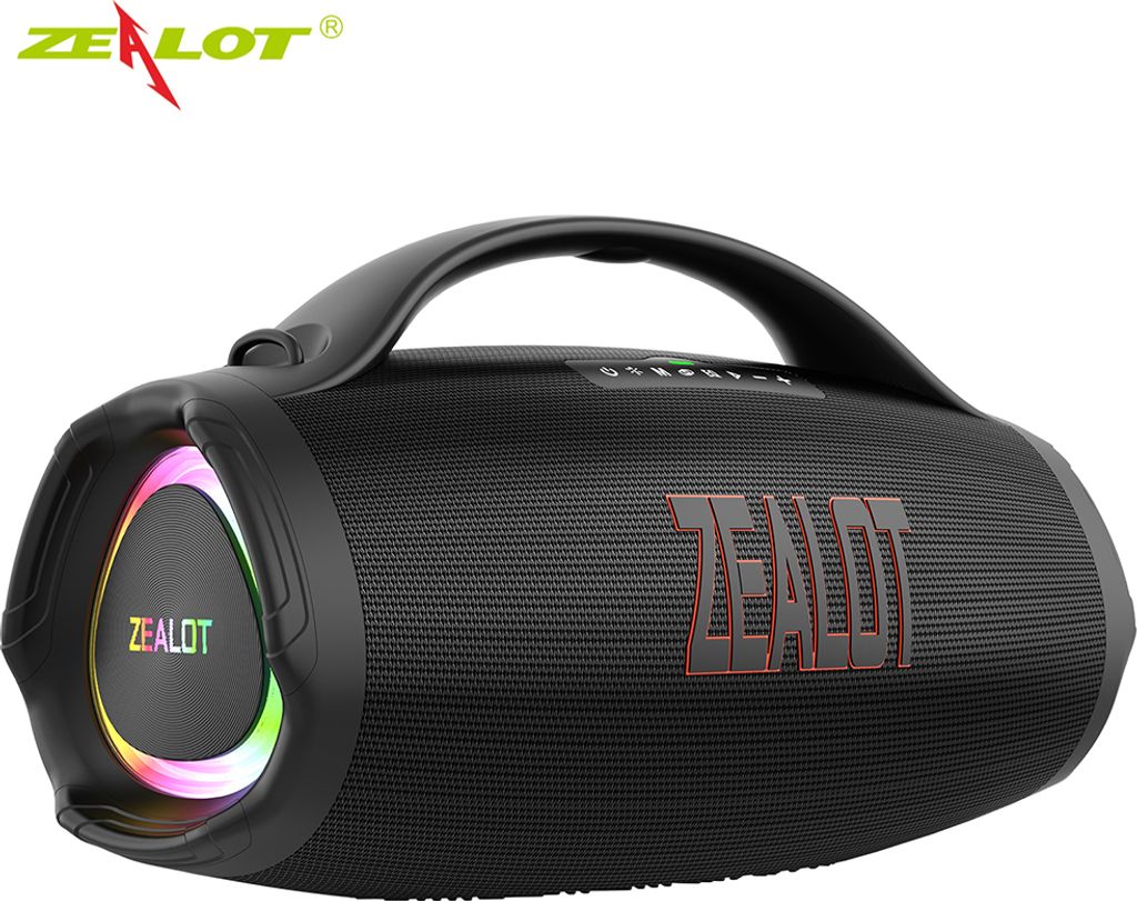 A black portable Bluetooth speaker with colorful lights on the side and a handle on top.