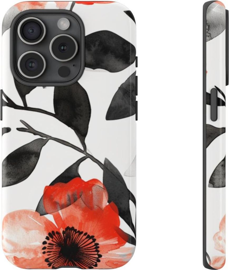 Rotes und schwarzes Aquarell-Blumenmuster – Hülle Kompatibel mit iPhone 15 Pro