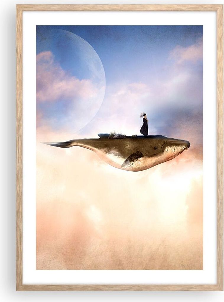 Gerahmtes Poster - Rahmen in heller Eiche - Wal Frau Himmel - 50x70 cm - Wand Bild - Wanddeko - Wandbilder - Kunstposter - Wandposter - Bilderrahme...