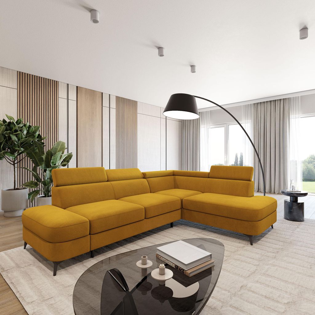 Masseno Ecksofa AVISE MV R-S mit Schlaffunktion L-Form, Sofa mit Bettkasten, Wohnzimmersofa, Couch, Soffa, Bettsofa, Couchgarnitur- Gelb, MATT VELV...