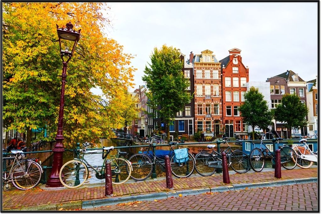 Wallario Wandbild Herbst in Amsterdam, Größe: 61 x 91,50 cm, Poster mit schwarzem Aluminiumrahmen