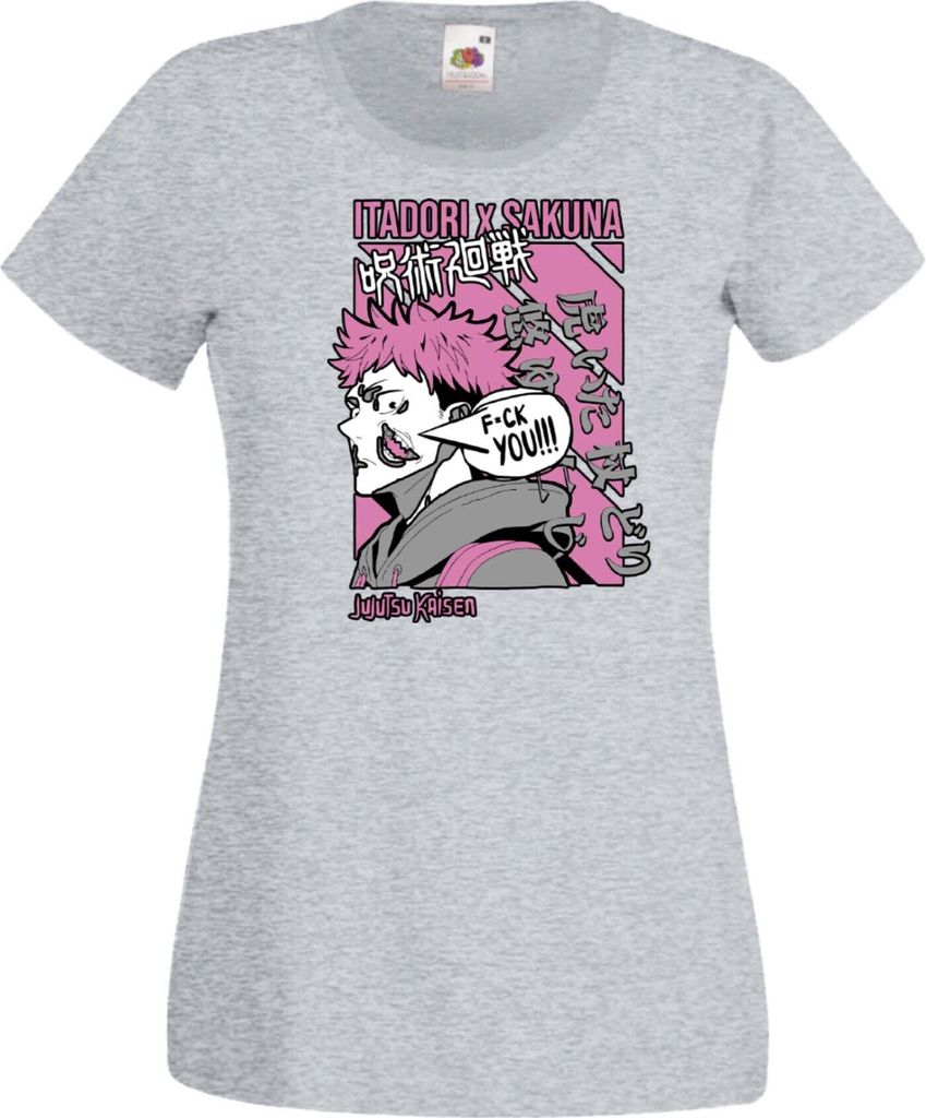 Damen T-Shirt Jujutsu Anime Manga Kaisen Itadori Sakuna Var-012 Itadori Sakuna, Lady XL / Grau