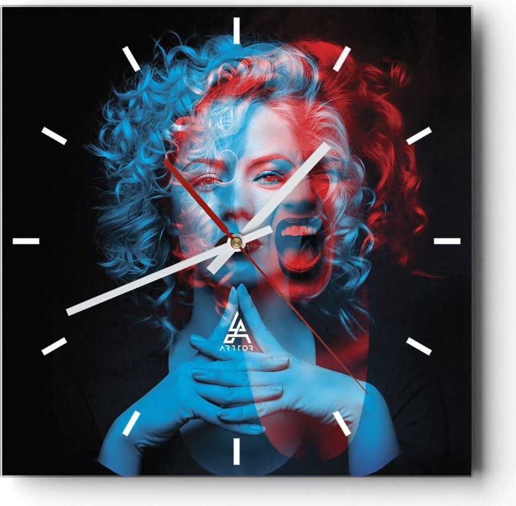 Wanduhr - Quadrat - Glasuhr - Schwarz Frau Emotionen - 30x30cm - Schleichendes Uhrwerk - Lautlos - zum Aufhängen bereit - Dekoration Modern - Wand...