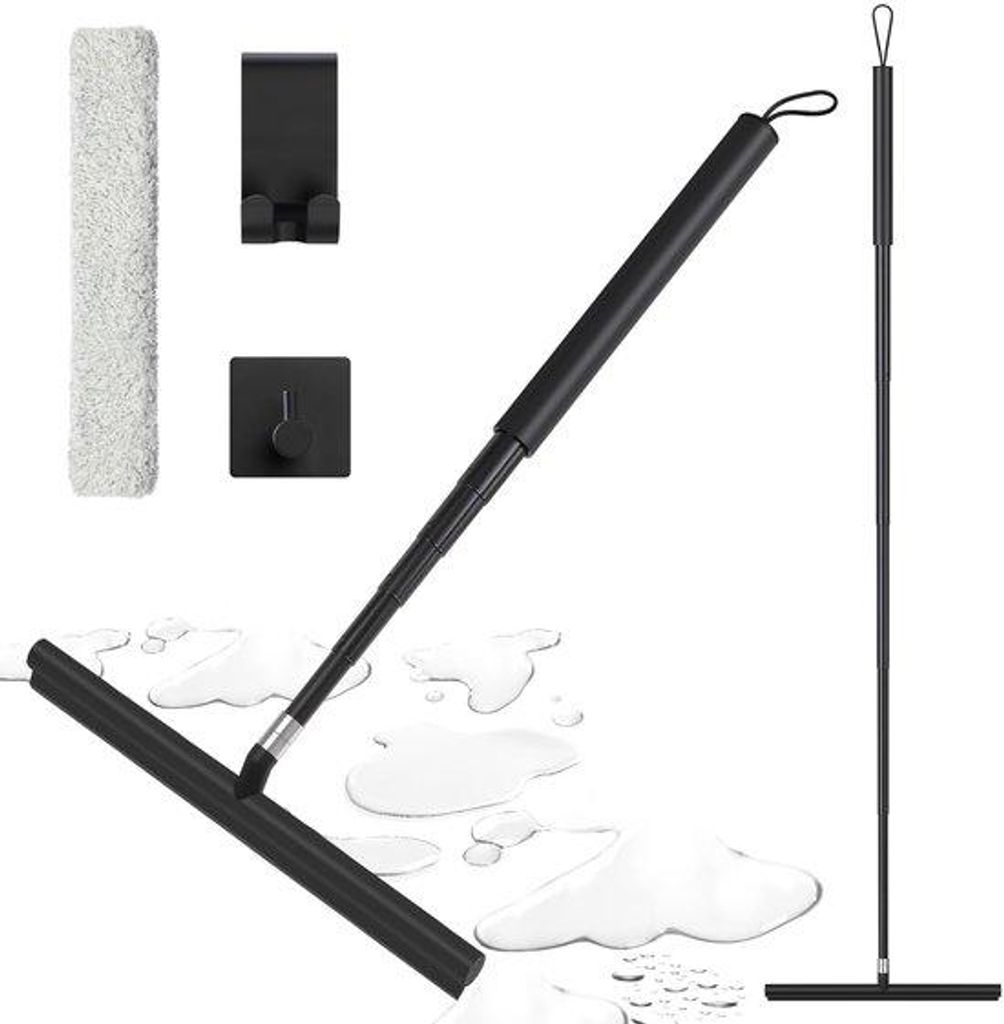 Silikonischer Badwischer, Verstelbarer Badwischer mit Halter, 30-120cm, Stahl, Wischer für Badezimmer, Badezimmerwischer, Schwarz