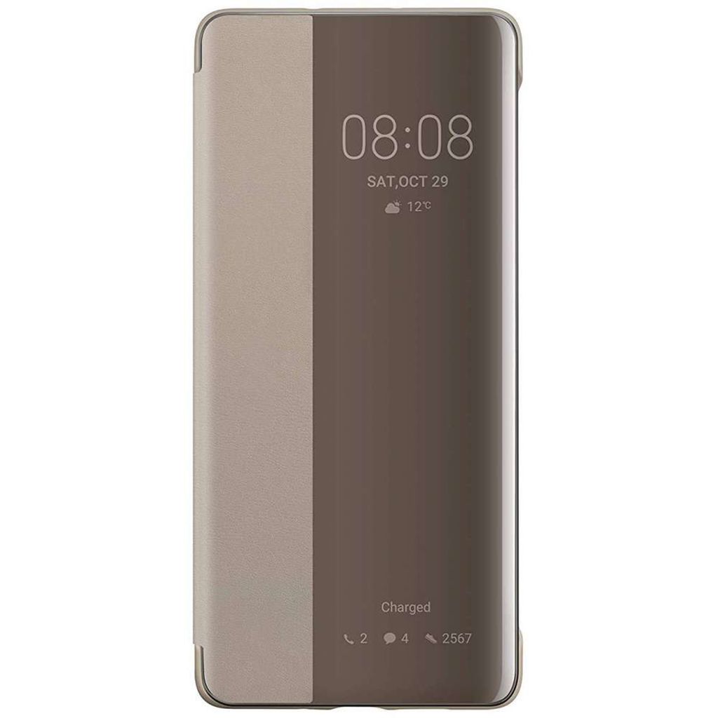 A closed smartphone case with a reflective screen displaying the time and date.