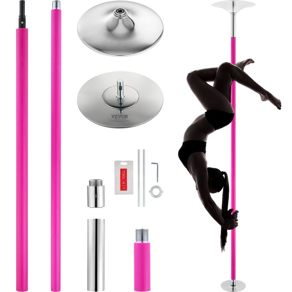 A pink dance pole with various components and a silhouette of a woman performing a handstand on the pole.