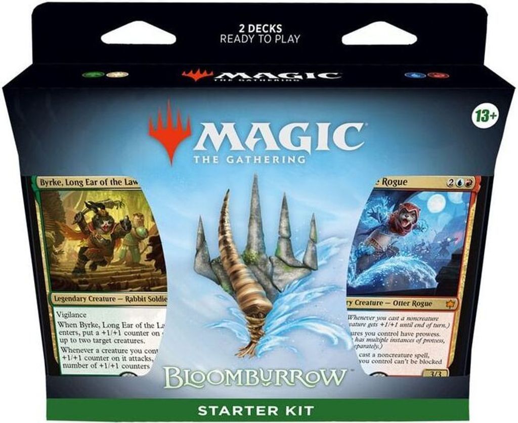 A Magic: The Gathering Bloomburrow Starter Kit box, showing two example cards and the game's logo.