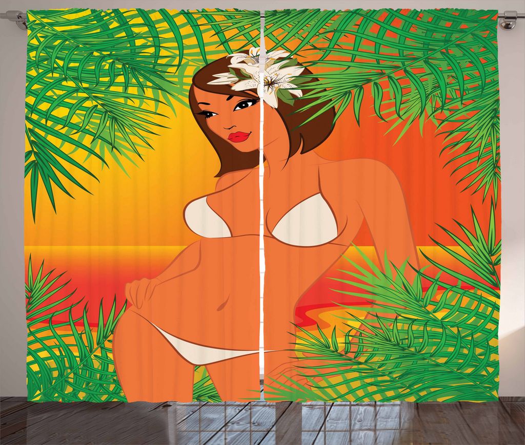 ABAKUHAUS Pin up Girl Rustikaler Vorhang, Weiß Bikini-Mädchen, Wohnzimmer Universalband Gardinen mit Schlaufen und Haken, 280 x 175 cm, Mehrfarbig