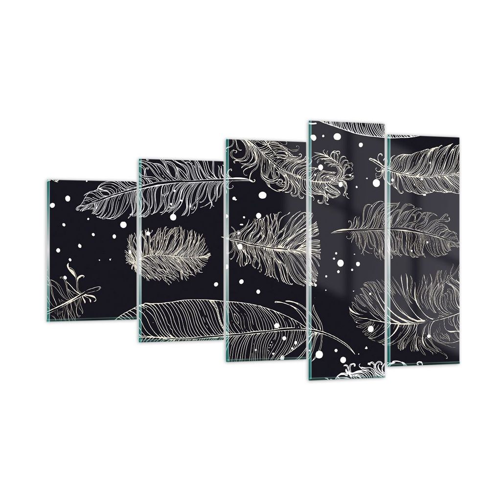 Bilder auf glas - 5 Teile - Federn Grafiken Gliederung - 100x60cm - Glasbilder - Wandbilder - Bilder - zum Aufhängen bereit - Wanddekoration aus G...