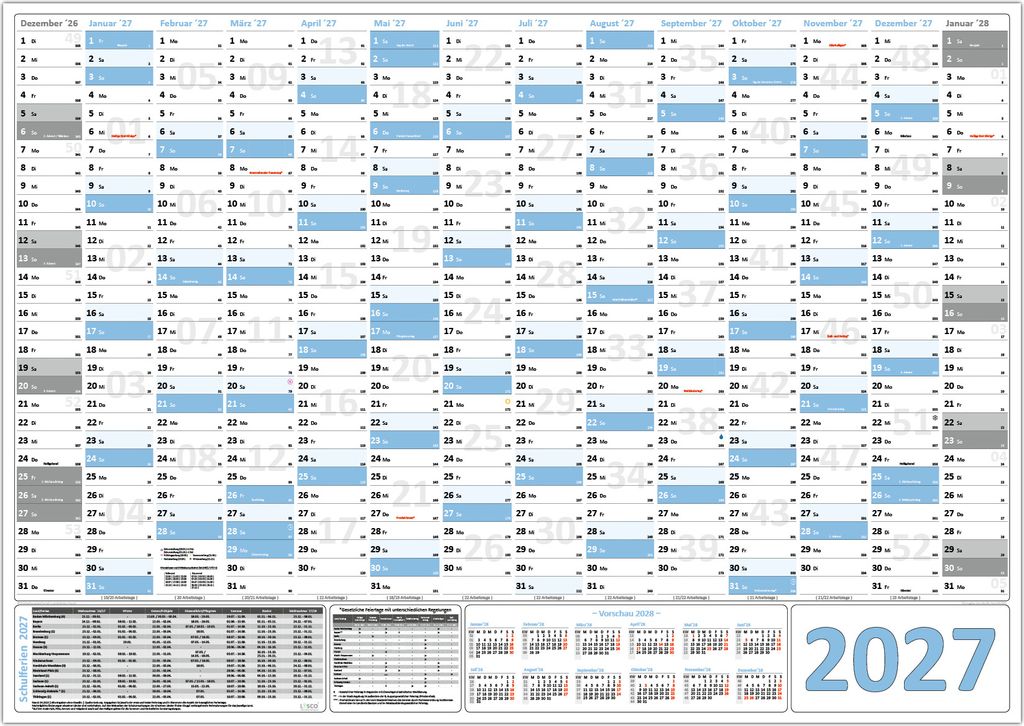 XXL Wandkalender Wandplaner 2027 hellblau (gerollt) DIN A0 Format (841 x 1189 mm) 14 Monate, komplette Jahresvorschau Folgejahr und Ferientermine F...