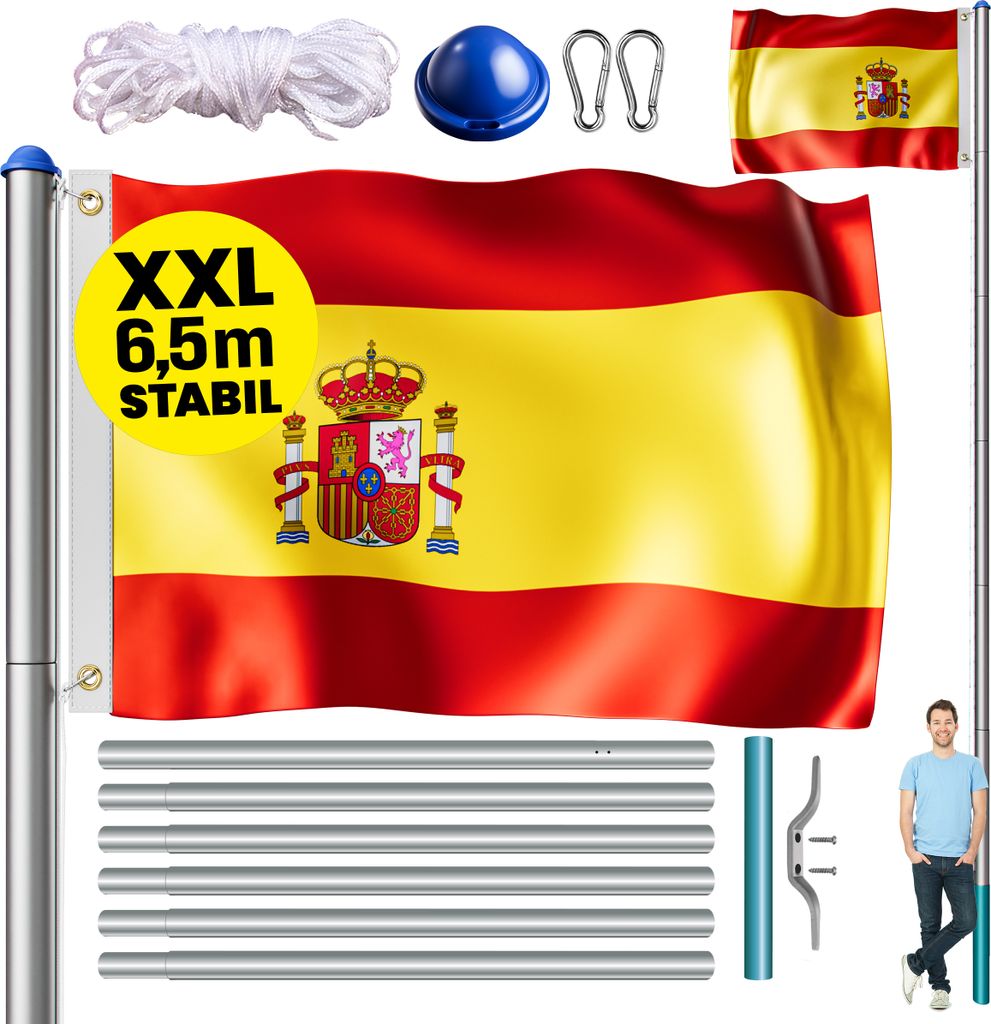 MONZANA Fahnenmast 6,5m Seilzug Bodenhülse inkl. Spanien Flagge Spanische Nationalflagge Fahne höhenverstellbar Flaggenmast Aluminium Teleskop ...