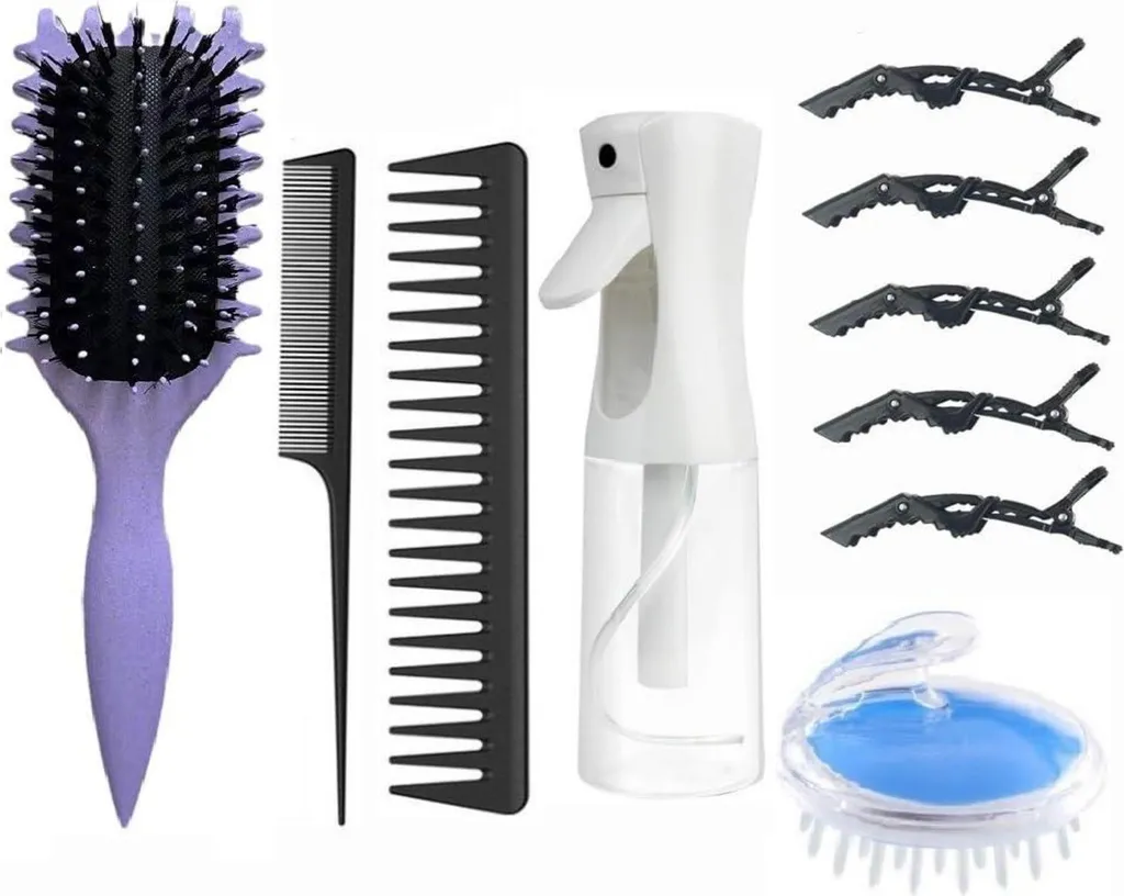 Brosse Cheveux Bouclés 6 en 1 avec Masseur Cuir Chevelu et Spray Brume