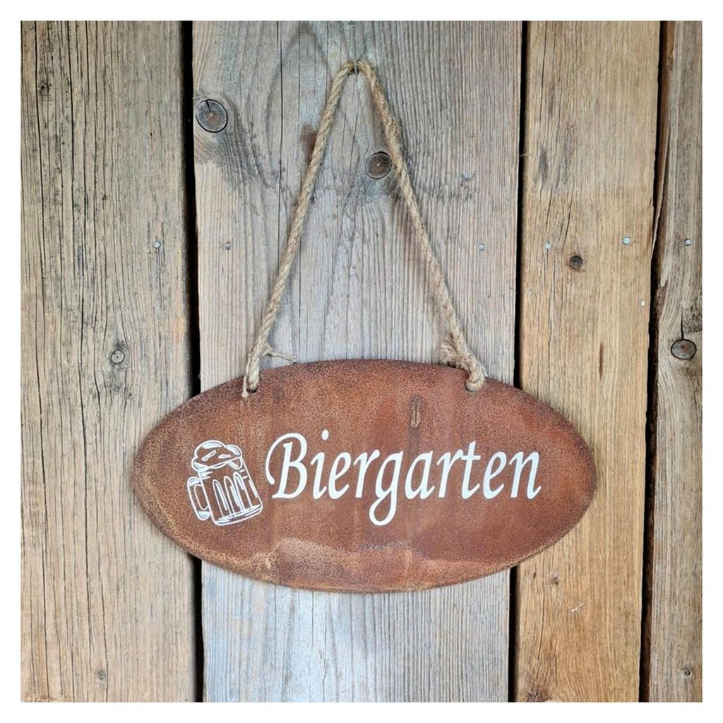 Gartenschild mit Motiv „Biergarten“ in Rost-Optik aus Metall - Wetterfestes Hängeschild für den Außenbereich - Rostige Gartendekoration - 35...
