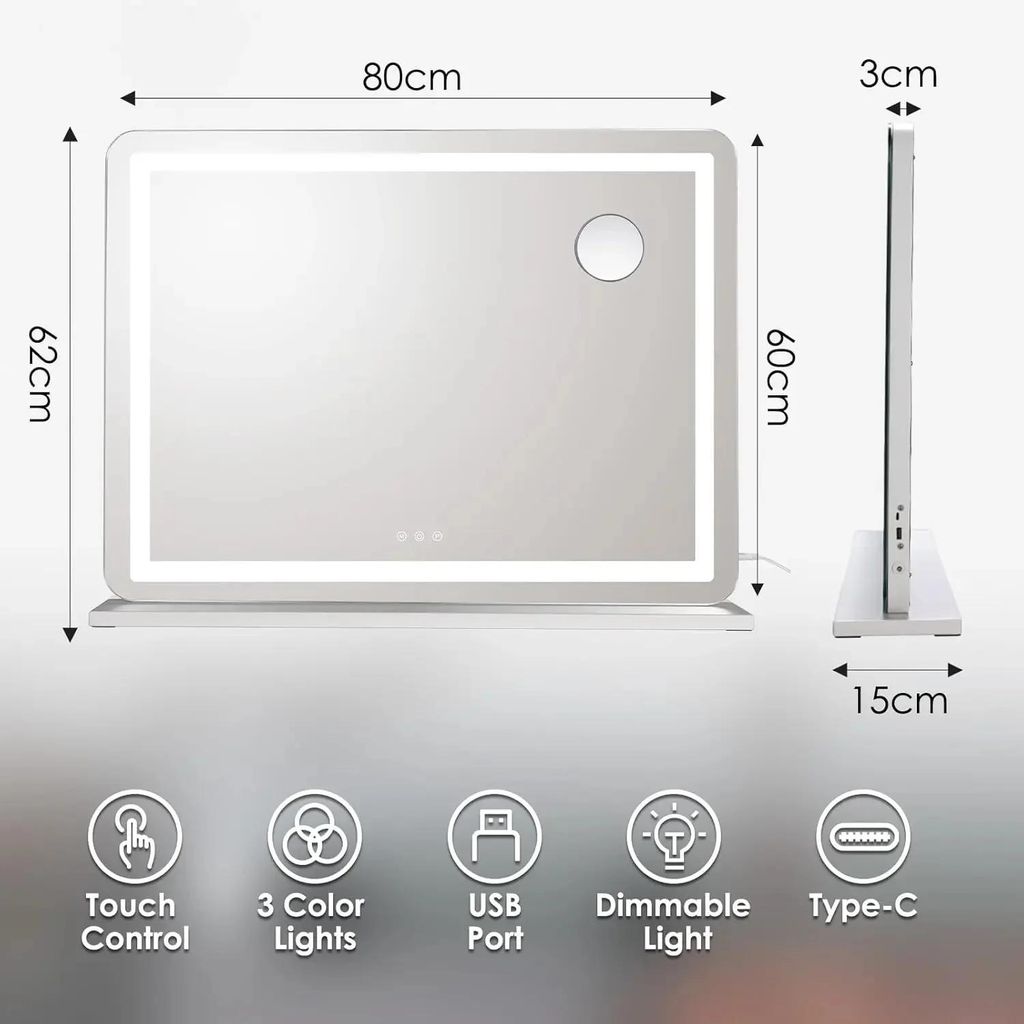 Schminkspiegel mit Beleuchtung - Hollywood LED Kosmetikspiegel 80x60 cm - Dimmbar - 3-farbiges Licht - Touch-Bedienung - Tischaufsteller - Weiß