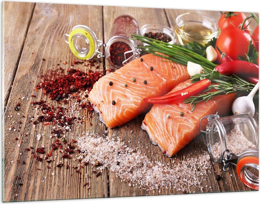 Bilder auf glas - Lachs Fisch Essen Küche - 120x80cm - Glasbilder - Wandbilder - Kunstdruck - zum Aufhängen bereit - Wanddekoration aus Glas - Gl...